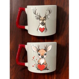 Resim Kalp Geyik Baskılı 2'li Kahve Bardağı Seramik Kupa - Seramik Çay, Kahve Hediyelik Bardağı 