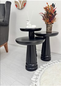 Resim AYLESA Ahşap 3’lü Set Mantar Yan Sehpa Modern Siyah Renk Fiskos Zigon Çiçeklik 