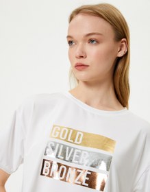 Resim Crop Tişört Slogan Baskılı Bisiklet Yaka 