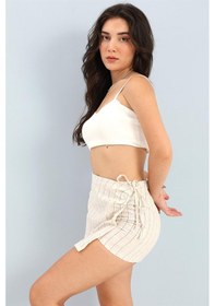 Resim Şort Etek Arka Beli Lastikli Çizgili Keten - Mavi-mavi Mavi 