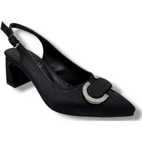 Resim Desire 472-26 Çizgili Saten Taşlı Kare Topuk Kadın Ayakkabı Siyah 