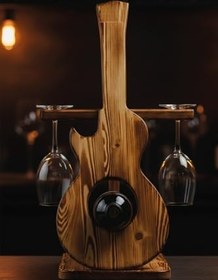 Resim Doğal Ahşap Gitar Şaraplık Şişe ve Kadeh Standı Dekoratif Sunum Rafı Hediye 
