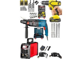 Resim 3'lü Set Invertec Kartlı Kaynak Makinesi Soğutmalı -Kırıcı Delici Hilti-Şarjlı Darbeli Setli Matkap 