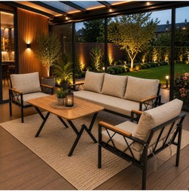 Resim Miray 311 Masalı Balkon Bahçe Oturma Grubu Minderli Metal Bahçe Mobilyası Takımı Cappuccino 
