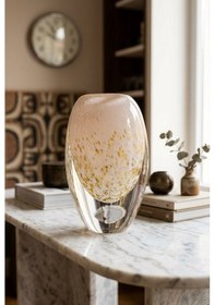 Resim 19 Cm Kristal Vazo - Gold Işıltılı Pudra Pembe Lüks Dekoratif Cam Vazo Beyaz 
