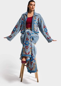 Resim Kadın Kot Rengi 3s6-32 Bol Kesim Özel Nakış Desenli Tasarım Denim Ceket - Kot Rengi / S 