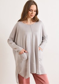 Resim Olalook Kadın Gri Çift Cepli Oversize Yırtmaçlı Uzun Triko Tunik TNK-19000106 