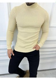 Resim Elku Moda Kazak Slim Fit Tüylenmez Naturel Pamuk Triko Boğazlı Balıkçı Yaka Kazak Krem 