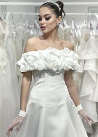 Resim Josephini Kayık Yaka Saten A Kesim Gelinlik - Kırık Beyaz / 34 