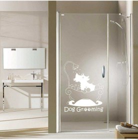 Resim Dog Grooming Yazılı Duşta Sevimli Köpek Silüeti Dekoratif Banyo Duvar Sticker, Çıkartma, Etiket Beyaz Renkli 