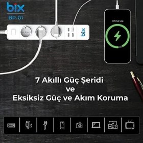 Resim Bix Bp-01 Yüksek Akım Korumalı Hızlı Şarj Özellikli 4 USB Bağlantı Noktası 3'lü Priz Paneli Amazon Alexa & Uyumlu Uzaktan Kontrol, Sesli Komut Özellikli Ev, Ofis Için Akıllı Priz 
