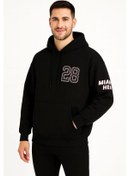 Resim Erkek Kapşonlu Sweatshirt - Üç İplik Şardonlu Kumaş, Oversize Fit, Ön & Arka Baskılı, Kanguru Cepli, Kışlık Rahat Hoodie - Siyah Çok Renkli 