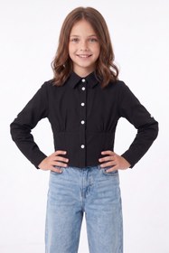 Resim Fulla Moda Basic Beli Gipeli Crop Kız Çocuk Gömlek 