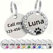 Resim Kişiselleştirilmiş Oyma Kristal Evcil Hayvan Kimlik Etiketleri, Özel Yuvarlak Çinko Alaşım İsim Etiketleri Köpekler ve Kediler için, Orta ve Küçük Evcil Hayvanlar için Uygun, Dayanıklı Kolye Aksesuarı ile İletişim Bilgisi Seçeneği 