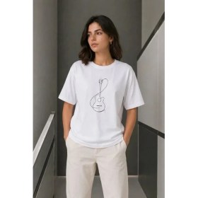 Resim Çamaşır Kenti Minimal Gitar Baskılı Tişört Tshirt Yazlık Kısa Kol Bisiklet Yaka Tshirt 