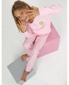 Resim Kız Çocuk Uzun Kollu %100 Pamuklu Düğme Detaylı Pijama Takımı Alright Pembe 