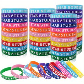 Resim 50 adet Silikon Yıldız Öğrenci Bileklikleri - Mükemmel Öğrenciler için Çok Renkli Motivasyonel Ödül Bilezikleri, Öğretmen Takdiri, Mezuniyet & Parti Aksesuarları, Yıl Boyu Giyim İçin Dayanıklı Elektriksiz Genel Uyumlu Bilezikler, Öğrenci Aksesuarları, Düz Renk Bileklikler, Canlı Renk Çeşitliliği 
