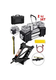 Resim Oto Krikosu 1.5 Ton Makas Cırcırlı Araç Kriko+çift Pistonlu Şişirme Kompresörü 2 Li Set 