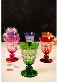 Resim Mest 6 Renk 6 Kişilik El Işçiliği Özel Yapım Ayaklı Cam Kahve Yanı Su Bardağı Seti - 200 Cc Renkli 