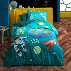 Resim Cotton Box Junior Little Astronaut Turkuaz Tek Kişilik Ranforce %100 Pamuk Nevresim Takımı 160x220 cm 