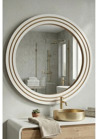 Resim Antik Ahşap Beyaz Dekoratif Ayna Banyo Lavabo Aynası Yuvarlak Ayna Duvar Aynası 43x56 