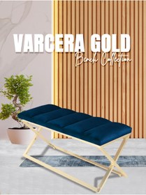 Resim Gazzini furniture Varcera Gold Sliced Bench Çapraz Metal Ayaklı Dilimli Model Mavi Puf 