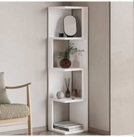 Resim Herry Köşe Kitaplık Dekoratif Raf Ünitesi, Modern Kütüphane Beyaz 