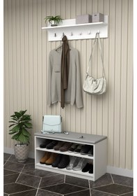 Resim Asra Trend MDF Puflu Ayakkabılık ve Askılık – 90 cm Portmanto Seti, Modern, 2 Raflı, A-34 Beyaz 