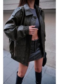 Resim Suni Deri Pilot Ceket Siyah 