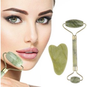 Resim Çift Taraflı 2li Cilt Yüz Masaj Aleti Jade Roller Yeşim Taşı Seti 