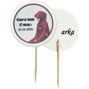 Resim 20 Adet Kişiye Özel Yuvarlak Bayraklı Baskılı Kına Hatırası Pasta Kürdanı 6,5 Cm -2 