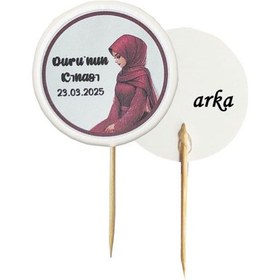 Resim 20 Adet Kişiye Özel Yuvarlak Bayraklı Baskılı Kına Hatırası Pasta Kürdanı 6,5 Cm -2 