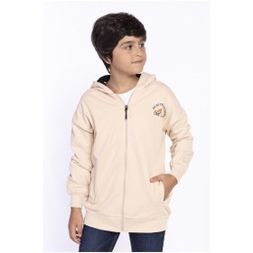 Resim Toontoy Kids Toontoy Erkek Çocuk Kapüşonlu Fermuarlı Cepli Düşük Omuz Nakış Baskılı Örme Hırka - 3 İplik Şardonsuz Bej 