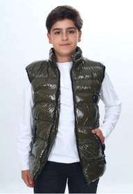 Resim Toontoy Haki Erkek Çocuk Su İtici Dik Yaka Fermuarlı Cepli Parlak Şişme Yelek 