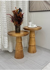 Resim AYLESA Doğal Ahşap 2’li Set Mantar Yan Sehpa Modern Meşe Renk Fiskos Zigon Çiçeklik 