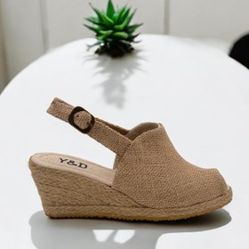 Resim Y&D Shoes Dolgu Topuk Burnu Açık Keten Sandalet Espardil 