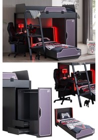 Resim Ranzalı Oyuncu Odası, Gamer Ranza Ledli Karyola Masa Dolap 90 X 190 CM 