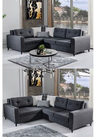 Resim Bahar Çekyatlı Yataklı Keten Köşe Koltuk Takımı Antrasit Antrasit 