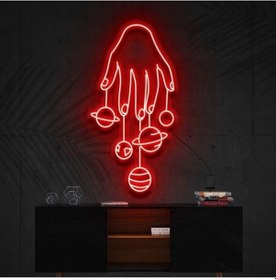 Resim El Gezegenler Galaksi Figürlü Dekoratif Neon Tabela Kırmızı 
