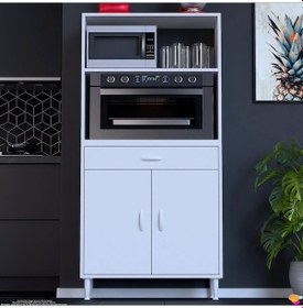 Resim Modilayn Vio Fırın Dolabı 75x163,4x32.5 Cm Çekmeceli Kapaklı Mini/midi Mikrodalga Mutfak Dolabı Beyaz 