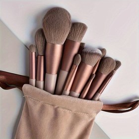 Resim 13'lü Lüks Altın Ruj Fırçası Seti, Pembe Tonlu Kozmetik Aletleri, Yüksek Kaliteli Lifler, Taşınabilir Yumuşak Pouch, Yeniden Kullanılabilir, Alüminyum, Mükemmel Uygulama için 