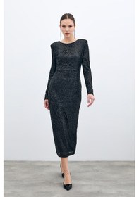 Resim Sateen Sırt Dekolteli Payet Elbise - Siyah-135580 Siyah 