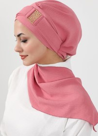 Resim Aisha's Design Dekolte Kapatabilen Gold Aksesuarlı Hazır Türban,Koyu Pembe,HT-11A 