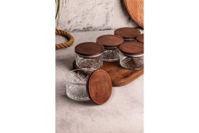 Resim 6'lı Ahşap Kapaklı Cam Kahvaltılık Seti, Çok Amaçlı ve Vakumlu 230 ml 