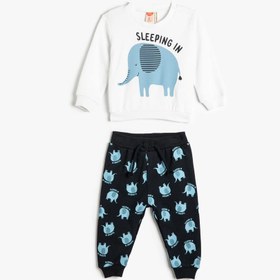 Resim Erkek Bebek Pijama Takımı Fil Baskılı Uzun Kollu Bisiklet Yaka Pamuklu 