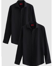 Resim Ds Damat Slim Fit Siyah İtalyan Yaka Dar Kesim Klasik Kravatlık Uzun Kollu Kolay Ütülenebilir Nefes Alan 2'li Gömlek 2hf02ortbn85 Siyah 