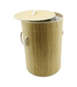Resim Yuvarlak Bambu Ahşap Kirli Çamaşır Sepeti 35x60cm Seyyar Kapaklı İçi Bezli İp Kulplu 4989 Çok Renkli 
