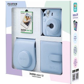 Resim Fujifilm Instax Mini 12 Mavi Fotoğraf Makinesi - 10'lu Film - Kare Albüm ve Deri Kılıf Bundle Box 