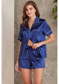 Resim Pierre Cardin 1205 Kadın Saten Önden Düğmeli Şortlu Pijama Takım-lacivert Lacivert 