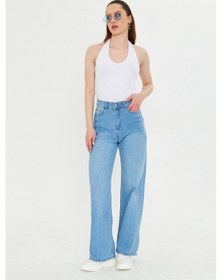 Resim Kutaf Buz Mavi Beş Cepli Palazzo Denim Pantolon Bebe Mavisi 
